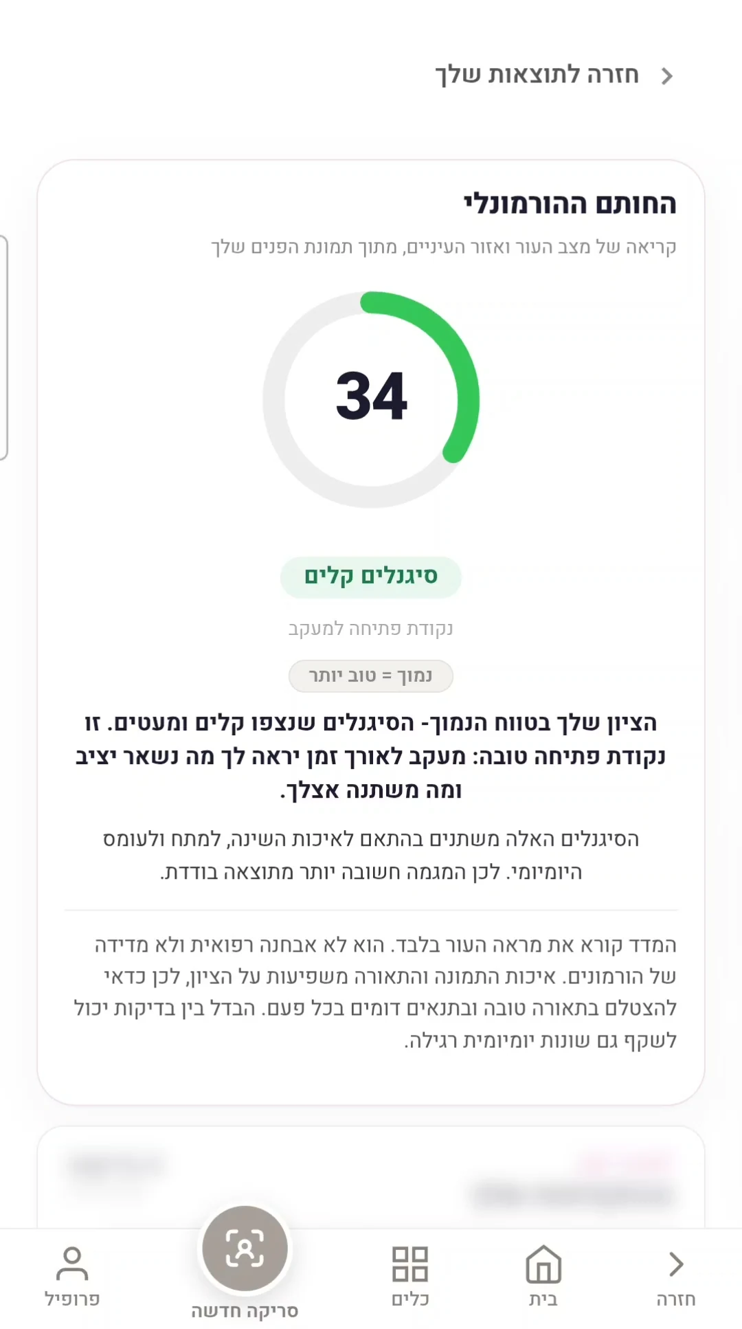מסך תוצאה אמיתי של Peritale עם ציון, כנקודת התחלה למעקב