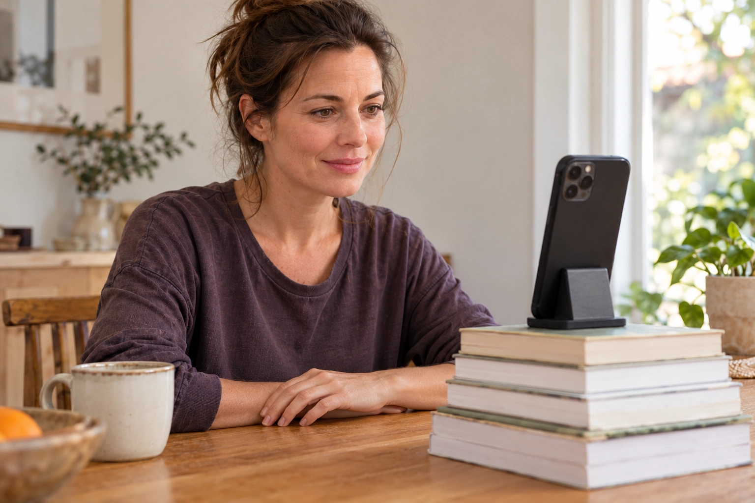 An illustration of a woman in her early forties using her phone at a table at home.